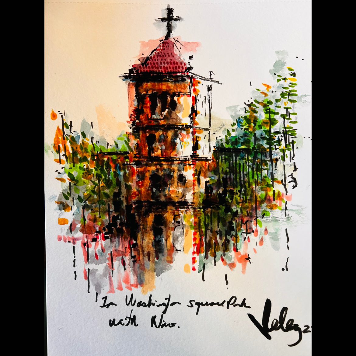 View from Washington Square, an original watercolor by Jose Velez