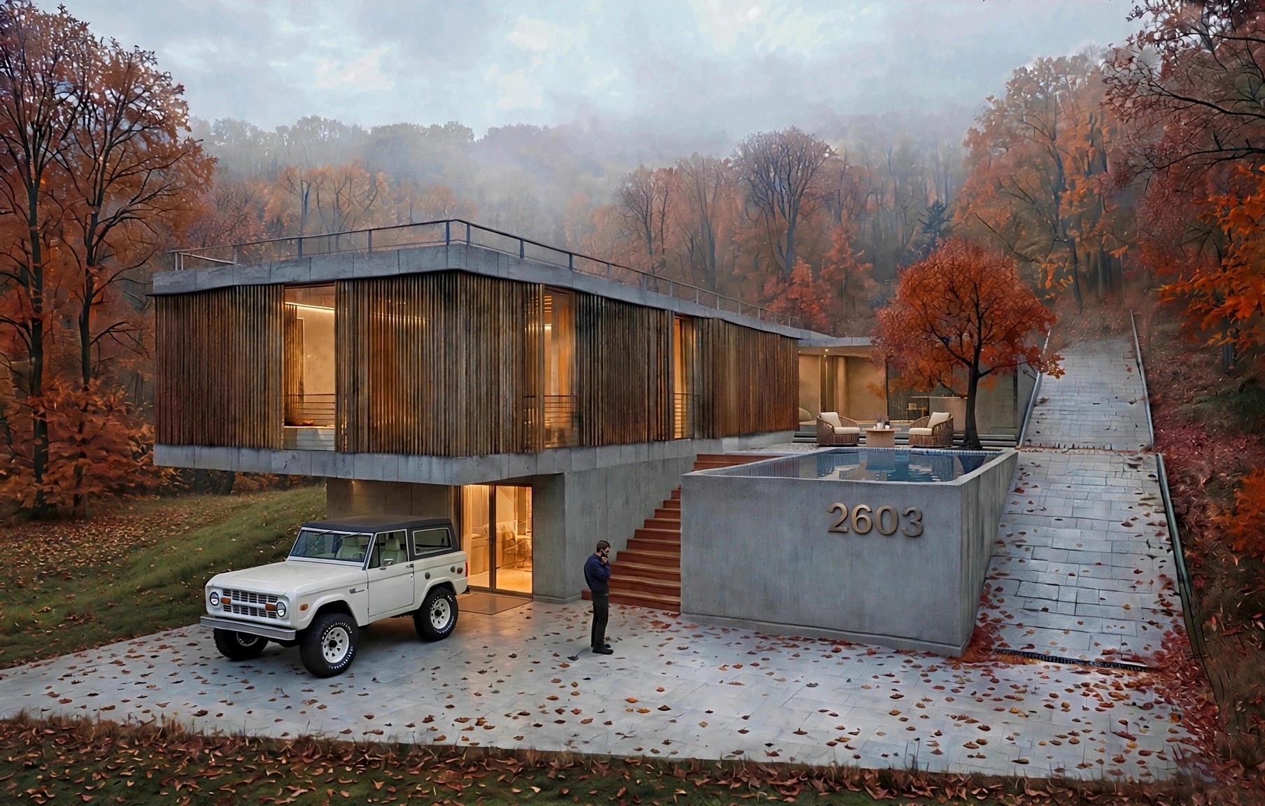 Casa 2603, a concrete and timber house in autumn woodland