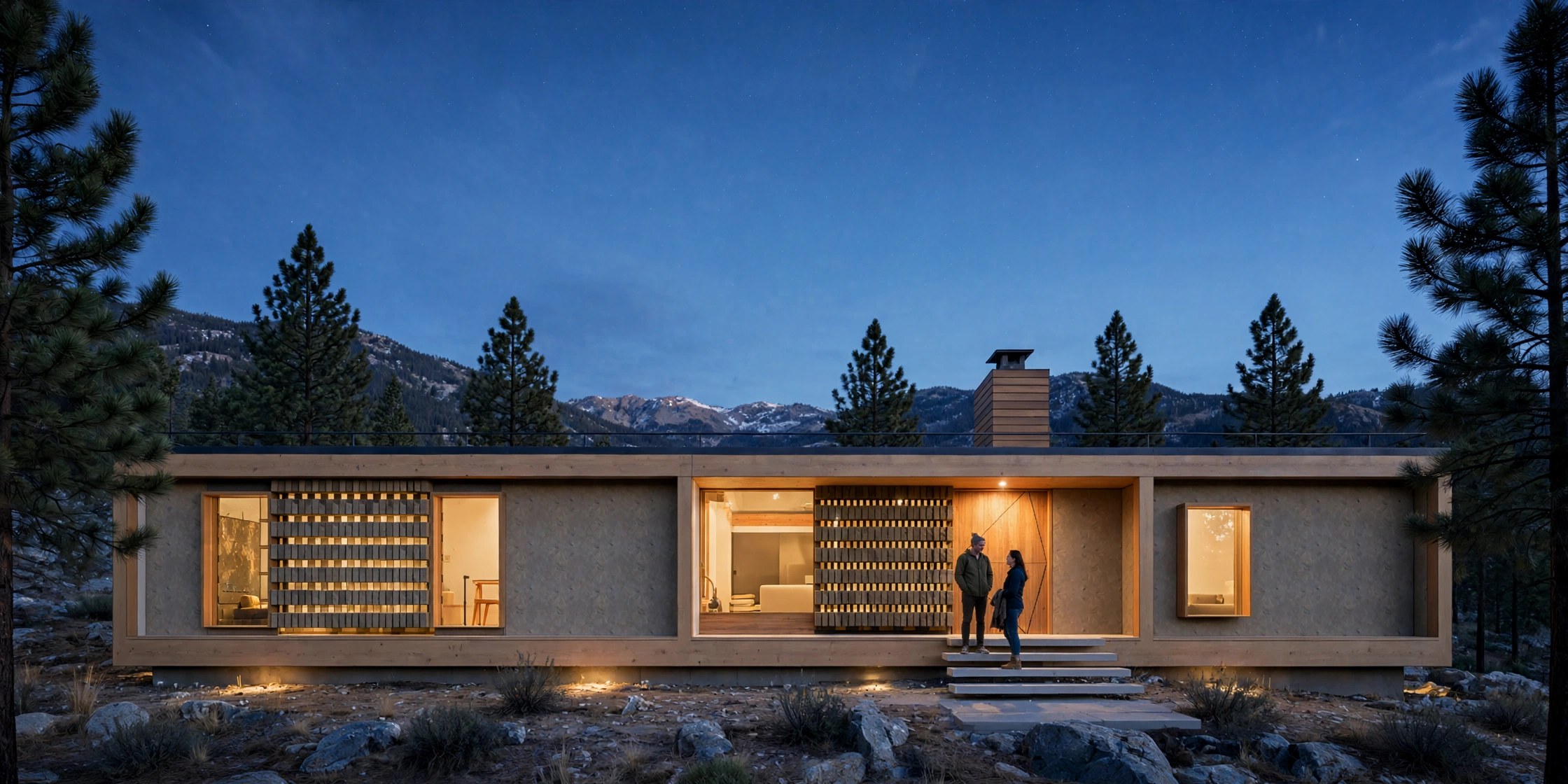 Casa Leon Saltos at dawn, a low concrete house with timber screens set against pines and mountains