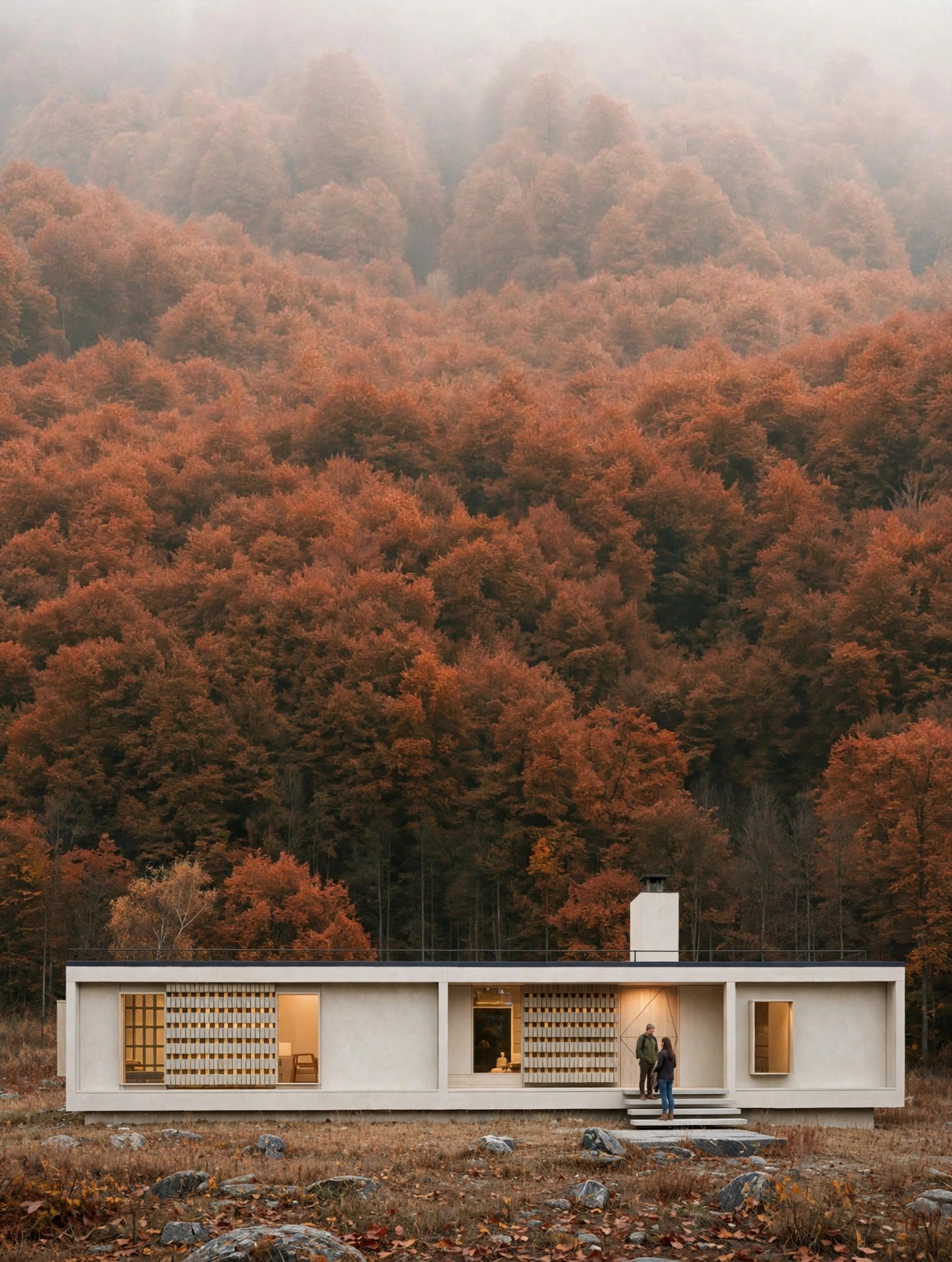 Casa Leon Saltos frontal view in autumn, a low concrete house with timber screens against pines and mountains