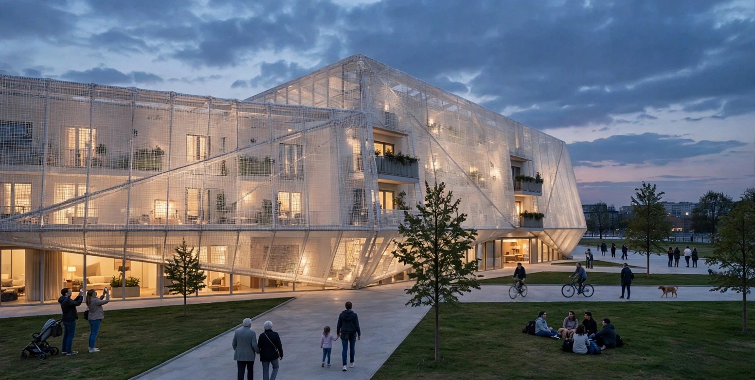Guelph Residential, a residential block wrapped in a fine mesh veil facade