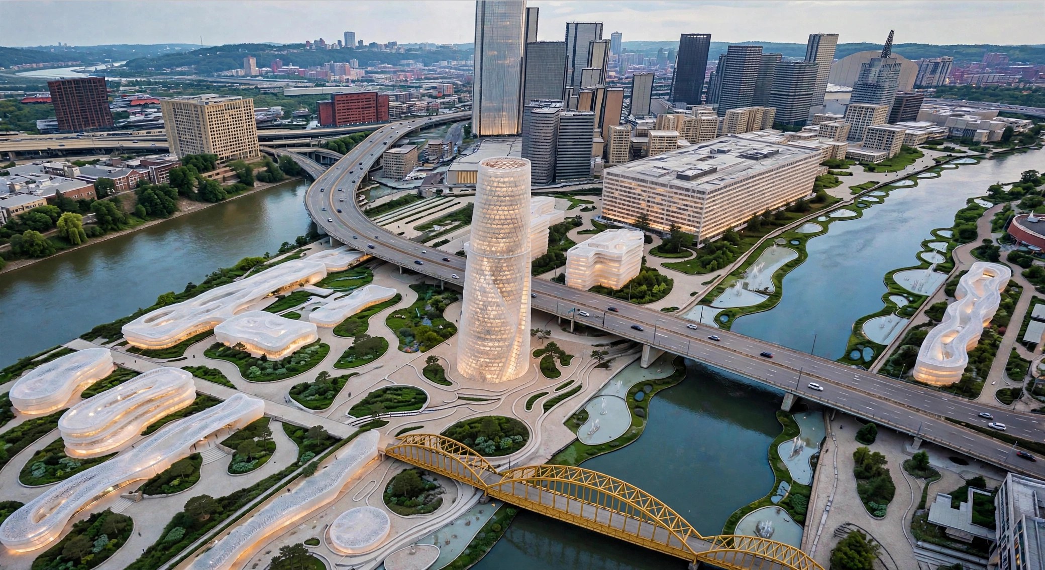 The Foundry aerial view, a twisted glass tower among white pavilions by a river